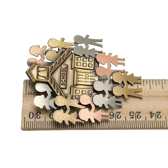 Vintage K And T Pin Brooch Copper Brass Pewter Library With Librarian Children - Picture 4 of 4